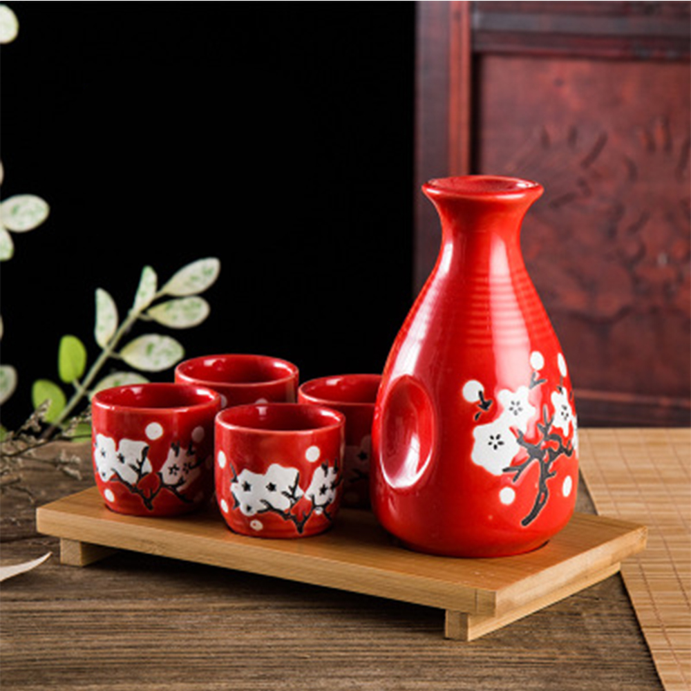 CoreLife Traditional Japanese Sake Set - Red Sakura Flower